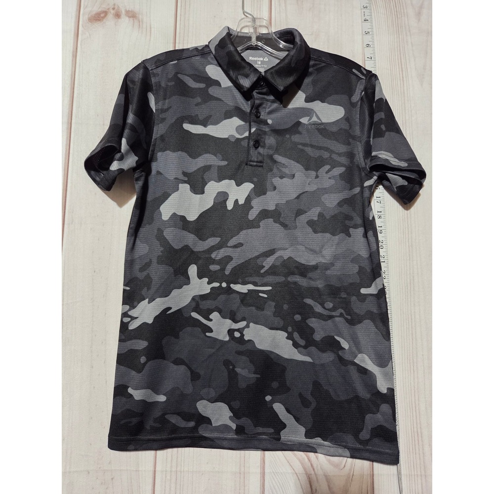 Reebok Polo Shirt Boys 18 Gray Camouflage Short Sleeve Athletic Golf